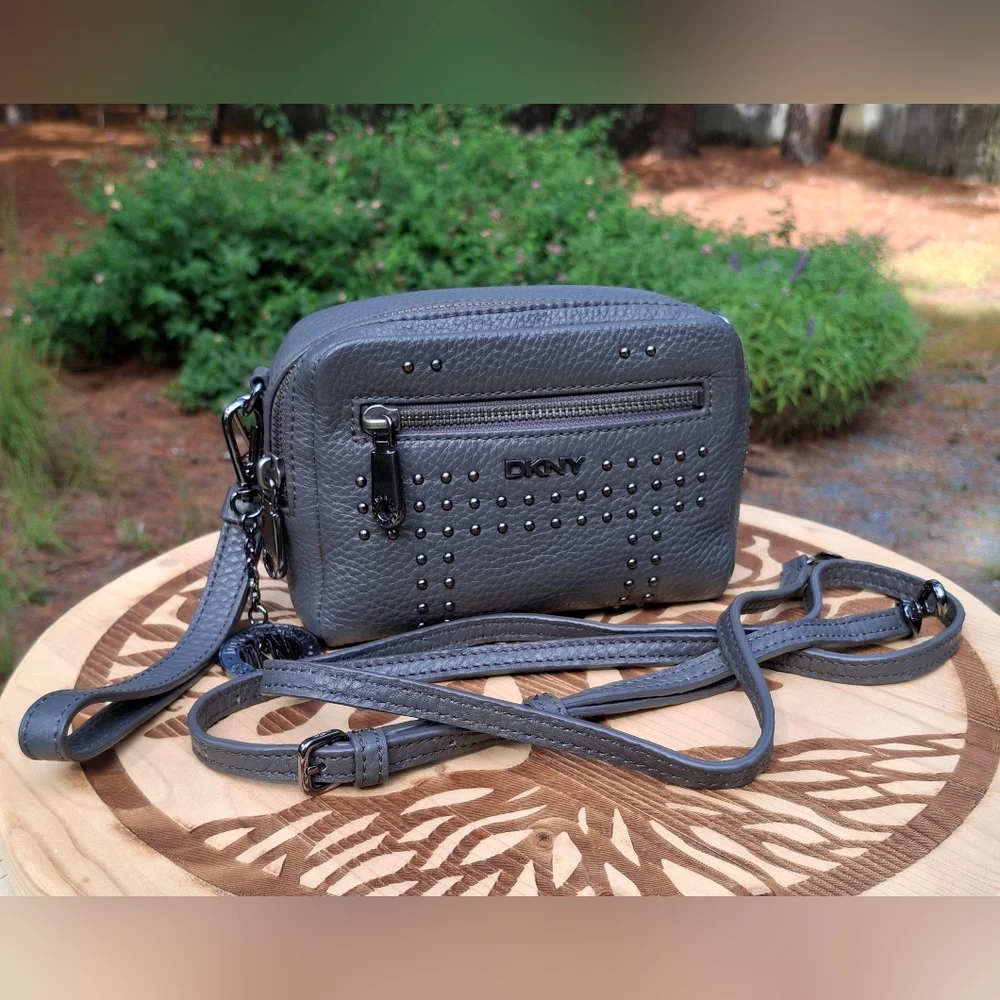 DKNY Charcoal Grey Studded Leather Convertible Crossbody Clutch Wristlet
